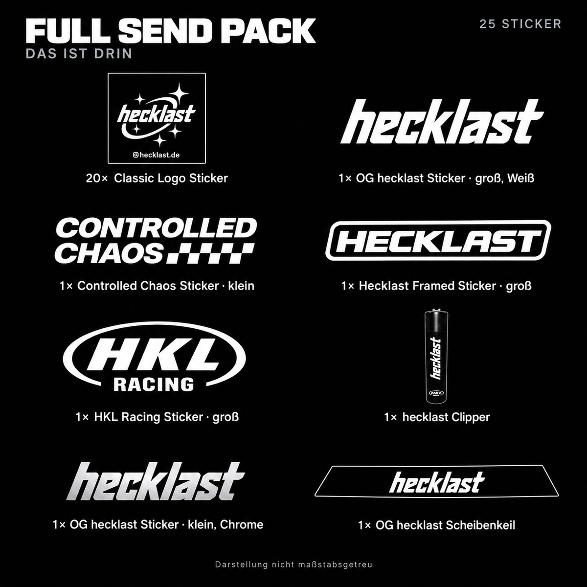 Full Send Pack – übersichtlicher Bundle-Inhalt mit 25 Stickern, Clipper und Scheibenkeil