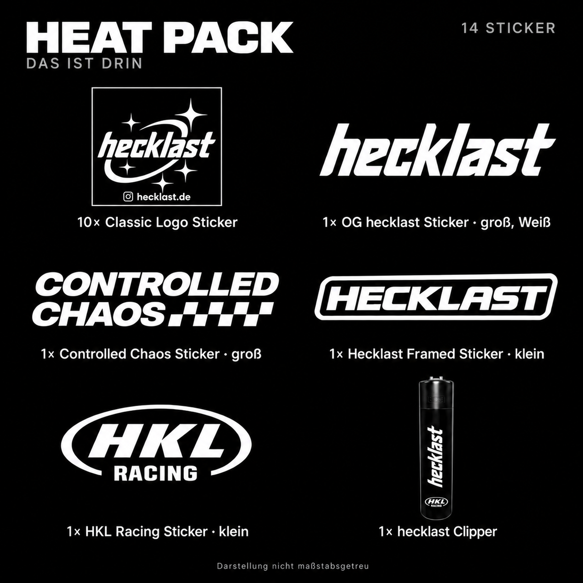 Heat Pack – übersichtlicher Bundle-Inhalt mit 14 Stickern und Clipper