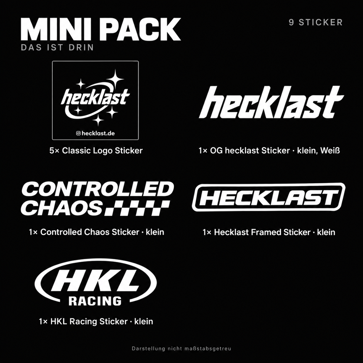 Mini Pack – Inhalt: 5 Classic Logo Sticker und je 1 kleiner OG hecklast, Controlled Chaos, Hecklast Framed und HKL Racing Sticker